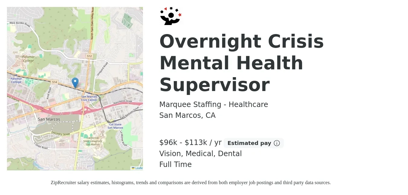 Marquee Staffing - Healthcare job posting for a Overnight Crisis Mental Health Supervisor in San Marcos, CA with a salary of $96,000 to $113,800 Yearly and benefits including dental, medical, retirement, and vision with a map of San Marcos location.