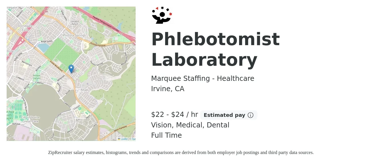 Marquee Staffing - Healthcare job posting for a Phlebotomist Laboratory in Irvine, CA with a salary of $23 to $25 Hourly and benefits including vision, dental, and medical with a map of Irvine location.