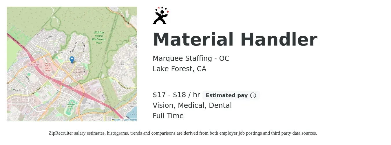 Marquee Staffing - OC job posting for a Material Handler in Lake Forest, CA with a salary of $18 to $19 Hourly and benefits including dental, medical, and vision with a map of Lake Forest location.