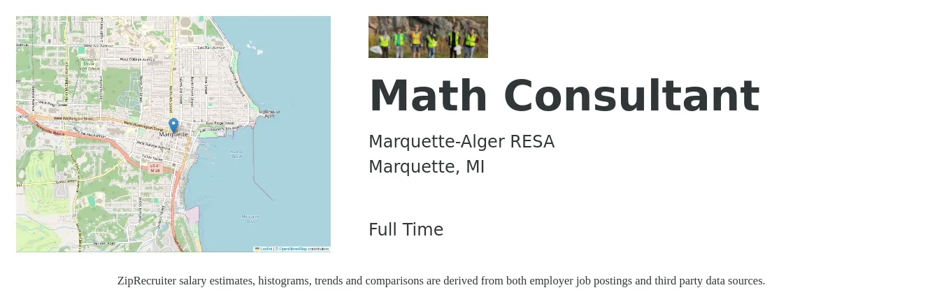 Marquette-Alger RESA job posting for a Math Consultant in Marquette, MI with a salary of $43,600 to $67,900 Yearly with a map of Marquette location.