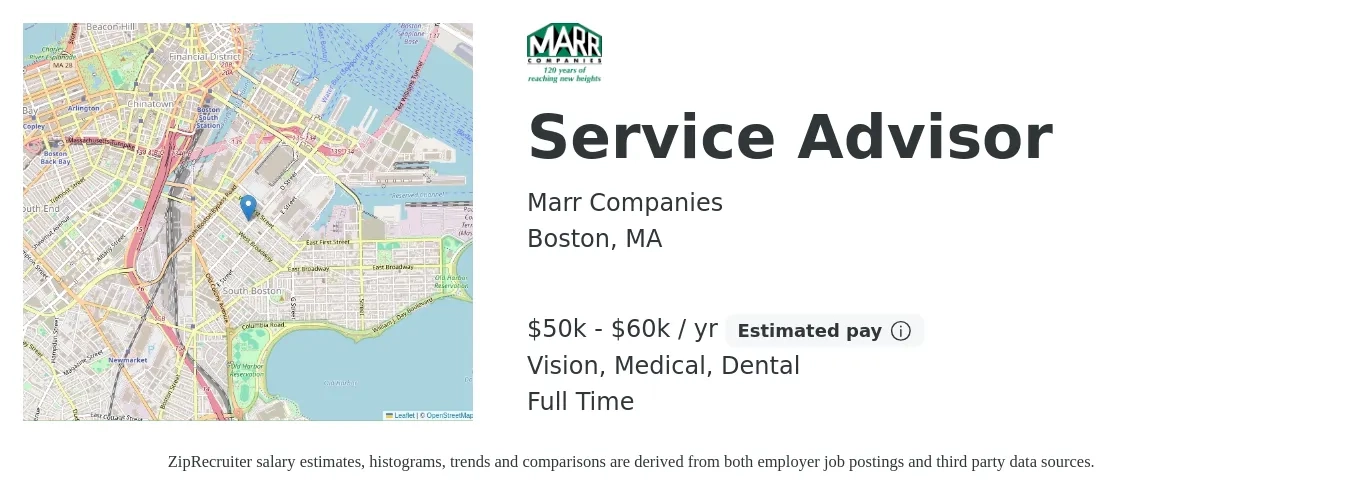 Marr Companies job posting for a Service Advisor in Boston, MA with a salary of $50,000 to $60,000 Yearly and benefits including retirement, vision, dental, life_insurance, medical, and pto with a map of Boston location.