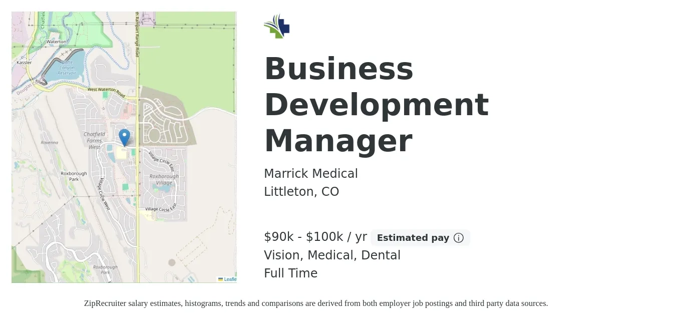 Marrick Medical job posting for a Business Development Manager in Littleton, CO with a salary of $90,000 to $100,000 Yearly (plus commission) and benefits including retirement, vision, dental, life_insurance, and medical with a map of Littleton location.