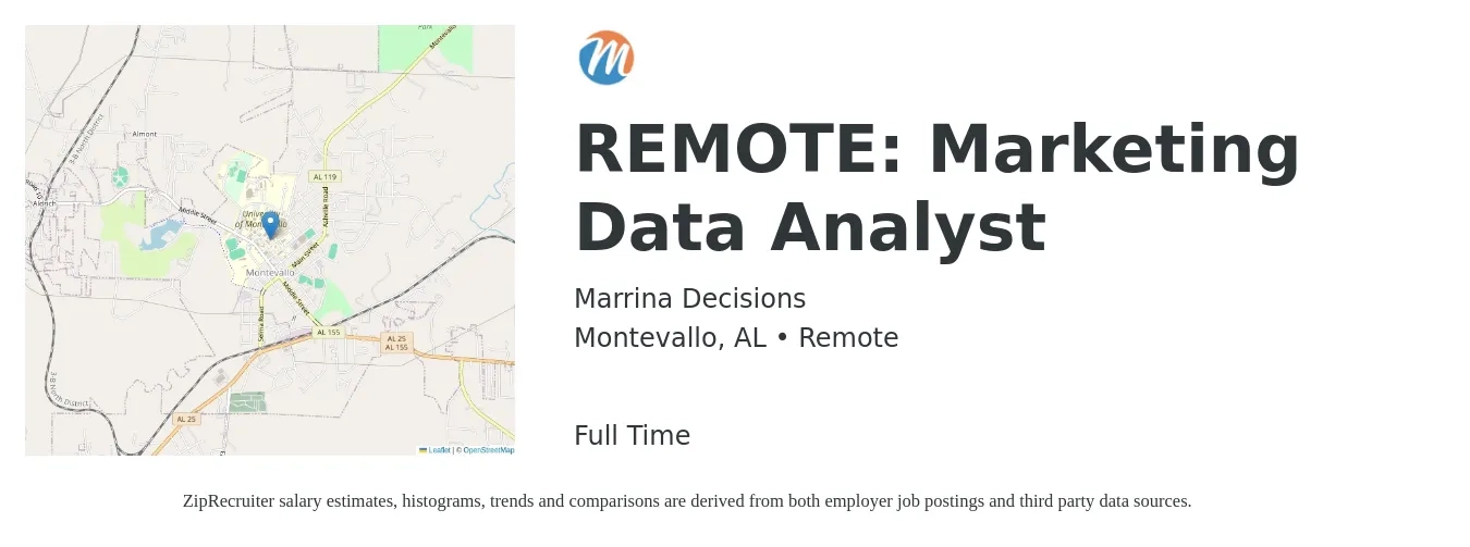 Marrina Decisions job posting for a REMOTE: Marketing Data Analyst in Montevallo, AL with a salary of $85,100 to $105,700 Yearly with a map of Montevallo location.