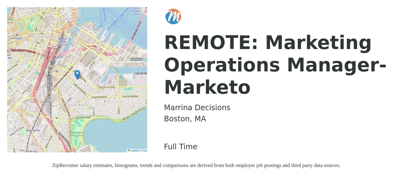 Marrina Decisions job posting for a REMOTE: Marketing Operations Manager-Marketo in Boston, MA with a salary of $78,200 to $137,400 Yearly with a map of Boston location.