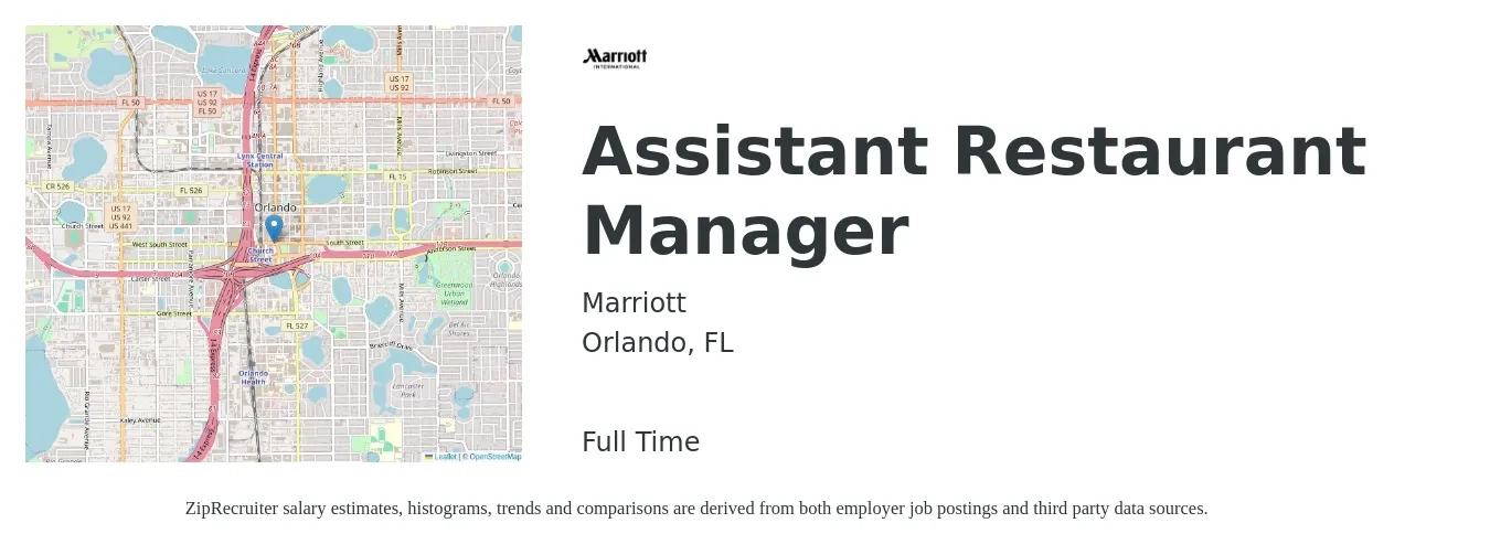 Marriott job posting for a Assistant Restaurant Manager in Orlando, FL with a salary of $14 to $21 Hourly with a map of Orlando location.
