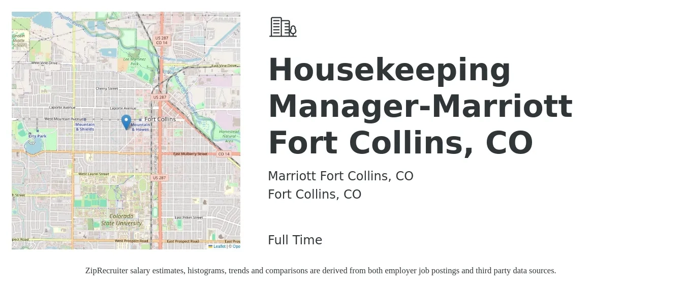 Marriott Fort Collins, CO job posting for a Housekeeping Manager-Marriott Fort Collins, CO in Fort Collins, CO with a salary of $16 to $24 Hourly with a map of Fort Collins location.