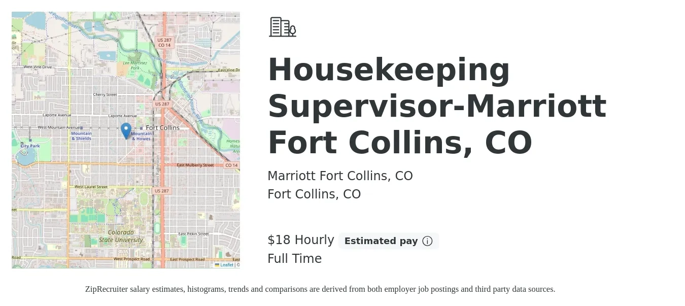 Marriott Fort Collins, CO job posting for a Housekeeping Supervisor-Marriott Fort Collins, CO in Fort Collins, CO with a salary of $19 Hourly with a map of Fort Collins location.