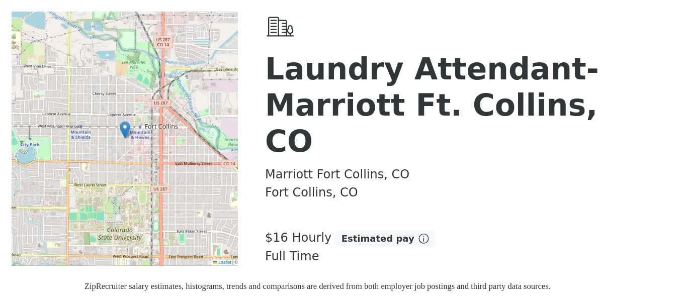 Marriott Fort Collins, CO job posting for a Laundry Attendant-Marriott Ft. Collins, CO in Fort Collins, CO with a salary of $17 Hourly with a map of Fort Collins location.