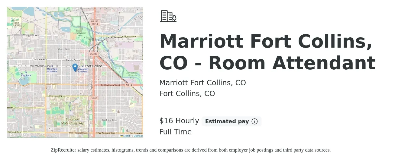 Marriott Fort Collins, CO job posting for a Marriott Fort Collins, CO - Room Attendant in Fort Collins, CO with a salary of $17 Hourly with a map of Fort Collins location.