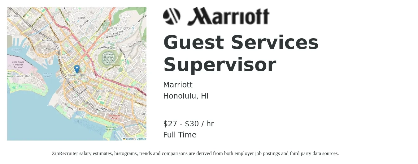 Marriott job posting for a Guest Services Supervisor in Honolulu, HI with a salary of $29 to $32 Hourly with a map of Honolulu location.