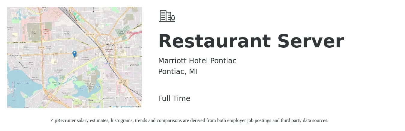 Marriott Hotel Pontiac job posting for a Restaurant Server in Pontiac, MI with a salary of $10 to $16 Hourly with a map of Pontiac location.