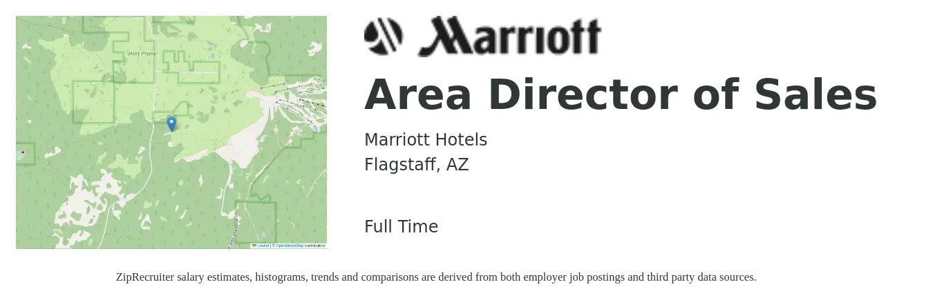 Marriott Hotels job posting for a Area Director of Sales in Flagstaff, AZ with a salary of $89,400 to $139,500 Yearly with a map of Flagstaff location.