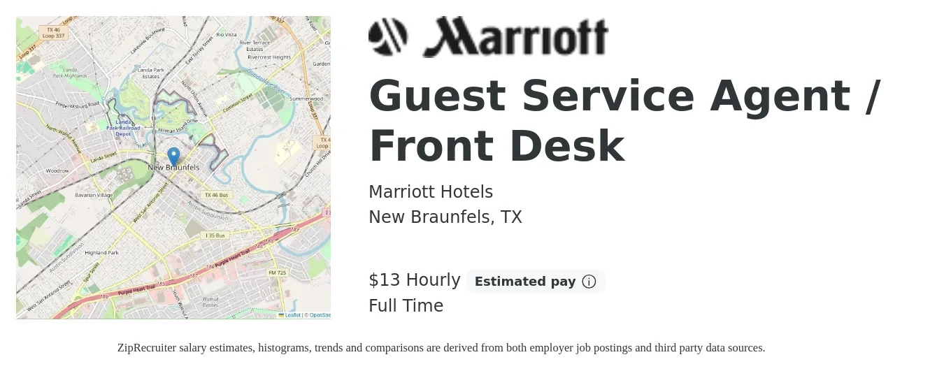 Marriott Hotels job posting for a Guest Service Agent / Front Desk in New Braunfels, TX with a salary of $14 Hourly with a map of New Braunfels location.