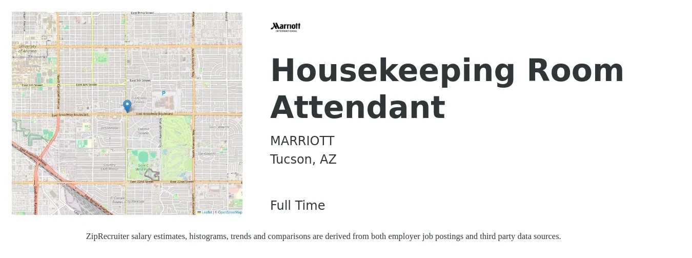 MARRIOTT job posting for a Housekeeping Room Attendant in Tucson, AZ with a salary of $12 to $14 Hourly with a map of Tucson location.