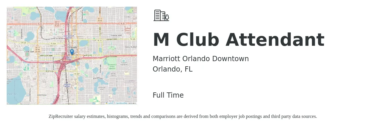 MARRIOTT ORLANDO DOWNTOWN job posting for a M Club Attendant in Orlando, FL with a salary of $13 to $16 Hourly with a map of Orlando location.