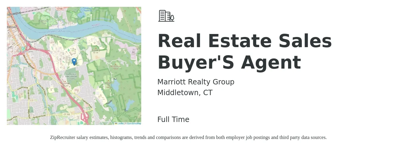 Marriott Realty Group job posting for a Real Estate Sales Buyer'S Agent in Middletown, CT with a salary of $83,000 to $111,400 Yearly with a map of Middletown location.