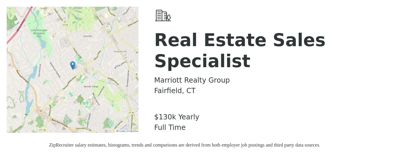 Marriott Realty Group job posting for a Real Estate Sales Specialist in Fairfield, CT with a salary of $130,000 Yearly with a map of Fairfield location.