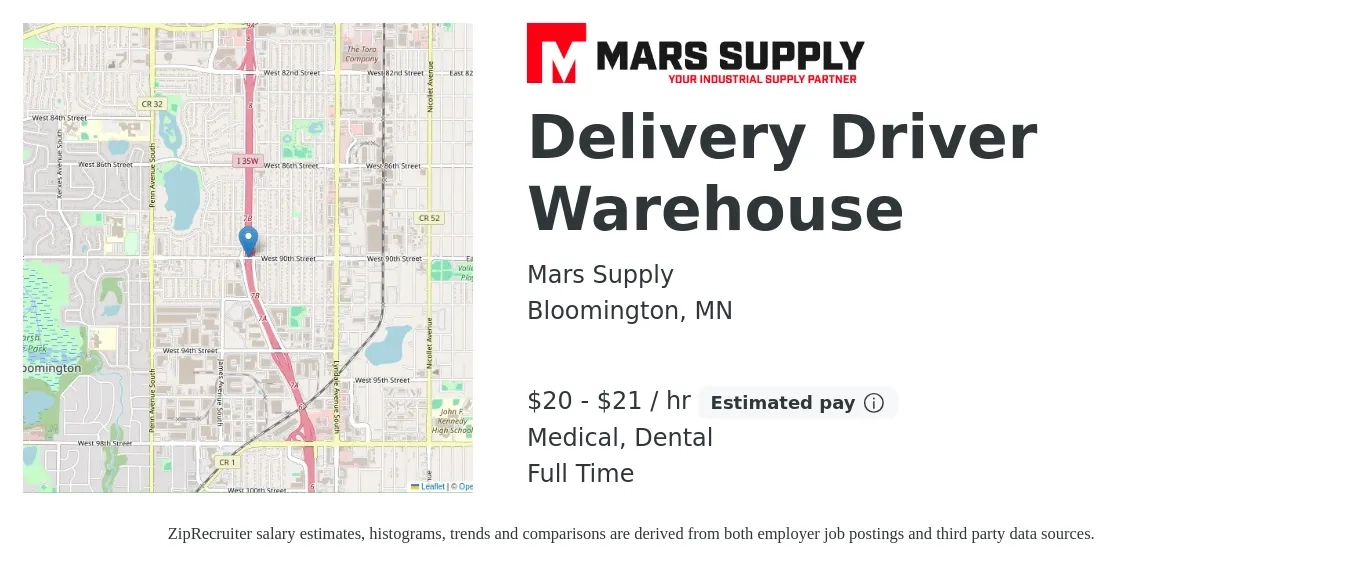 Mars Supply job posting for a Delivery Driver Warehouse in Bloomington, MN with a salary of $21 to $22 Hourly and benefits including dental, life_insurance, medical, pto, and retirement with a map of Bloomington location.