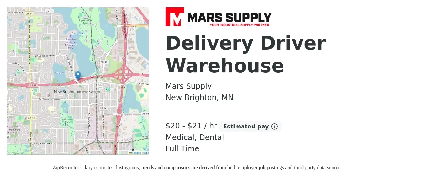 Mars Supply job posting for a Delivery Driver Warehouse in New Brighton, MN with a salary of $21 to $22 Hourly and benefits including dental, life_insurance, medical, pto, and retirement with a map of New Brighton location.