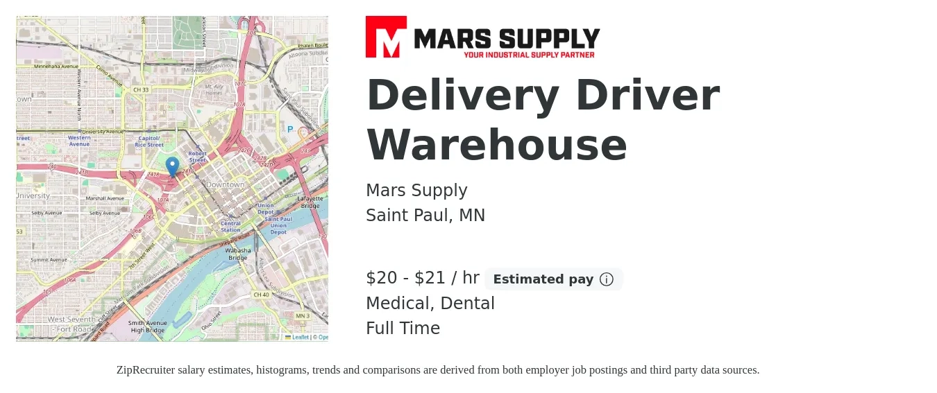Mars Supply job posting for a Delivery Driver Warehouse in Saint Paul, MN with a salary of $21 to $22 Hourly and benefits including dental, life_insurance, medical, pto, and retirement with a map of Saint Paul location.