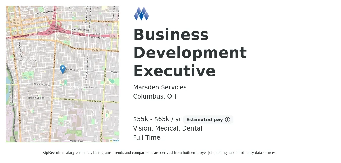 Marsden Services job posting for a Business Development Executive in Columbus, OH with a salary of $55,000 to $65,000 Yearly and benefits including pto, retirement, vision, dental, life_insurance, and medical with a map of Columbus location.