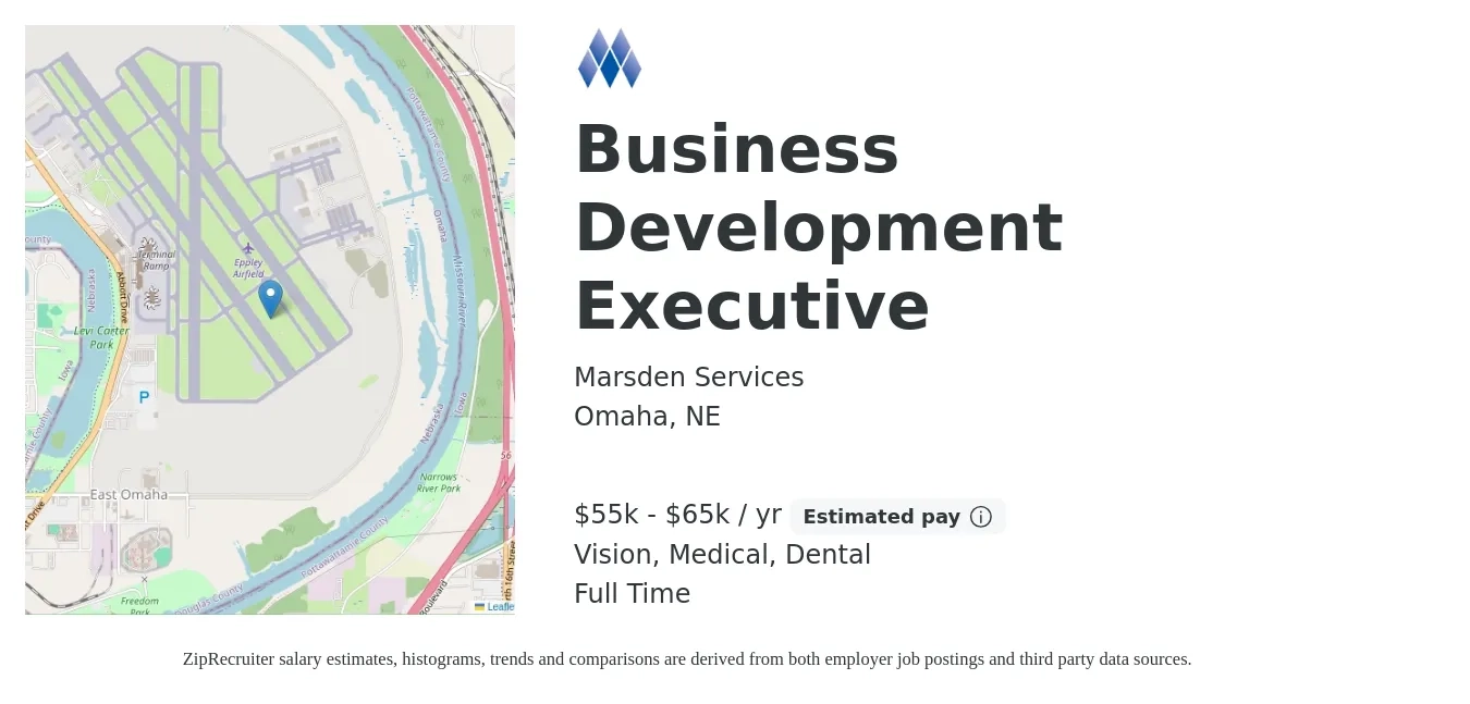 Marsden Services job posting for a Business Development Executive in Omaha, NE with a salary of $55,000 to $65,000 Yearly and benefits including retirement, vision, dental, life_insurance, medical, and pto with a map of Omaha location.