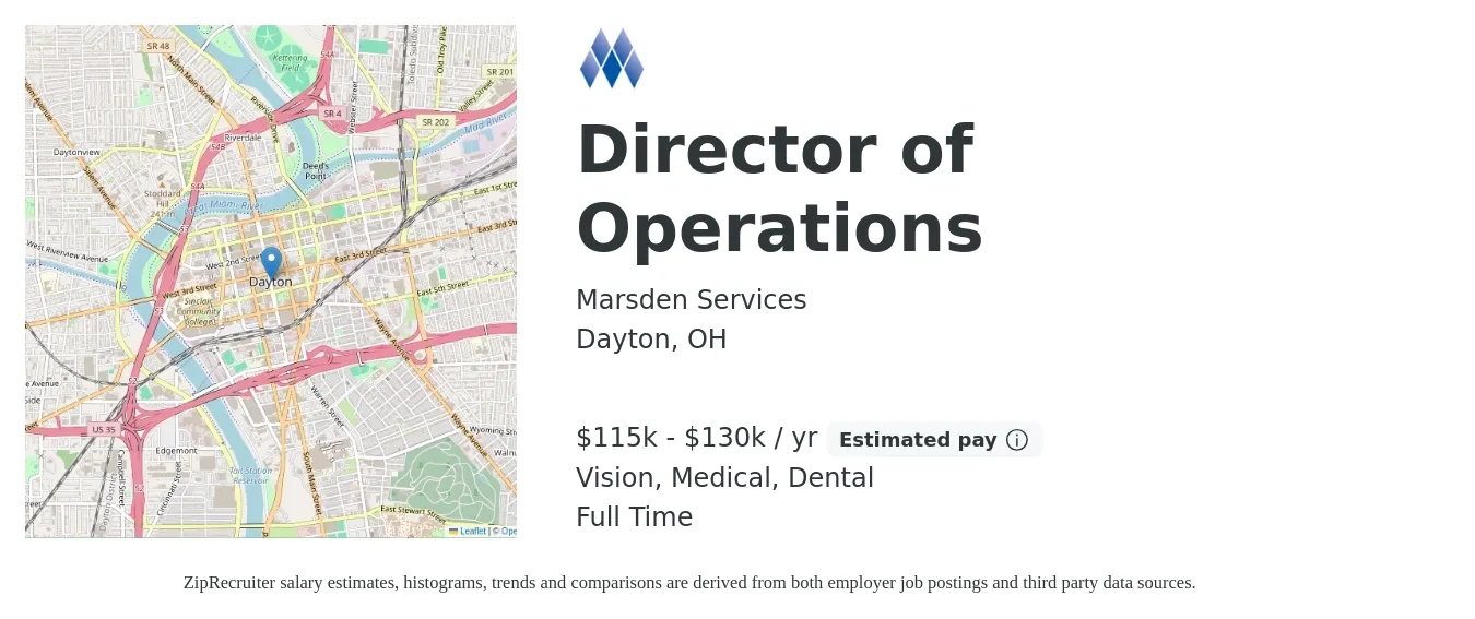 Marsden Services job posting for a Director of Operations in Dayton, OH with a salary of $115,000 to $130,000 Yearly and benefits including dental, life_insurance, medical, pto, retirement, and vision with a map of Dayton location.