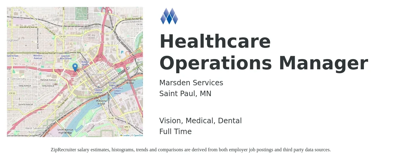 Marsden Services job posting for a Healthcare Operations Manager in Saint Paul, MN with a salary of $41,500 to $78,400 Yearly and benefits including dental, life_insurance, medical, pto, retirement, and vision with a map of Saint Paul location.