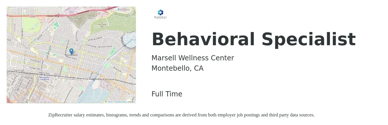 Marsell Wellness Center job posting for a Behavioral Specialist in Montebello, CA with a salary of $27 to $28 Hourly with a map of Montebello location.