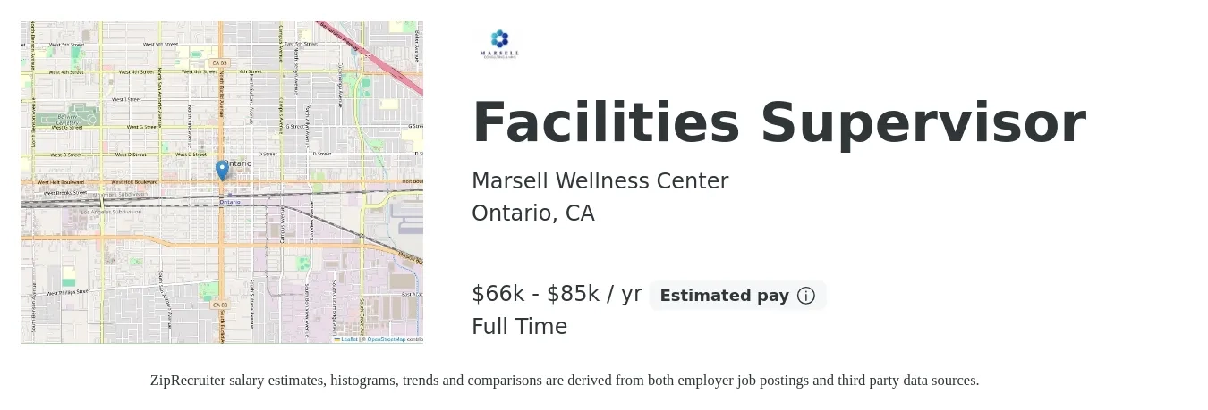 Marsell Wellness Center job posting for a Facilities Supervisor in Ontario, CA with a salary of $66,560 to $85,000 Yearly with a map of Ontario location.