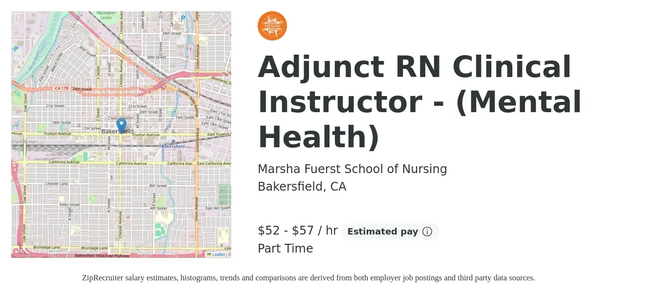 Marsha Fuerst School of Nursing job posting for a Adjunct RN Clinical Instructor - (Mental Health) in Bakersfield, CA with a salary of $55 to $60 Hourly with a map of Bakersfield location.