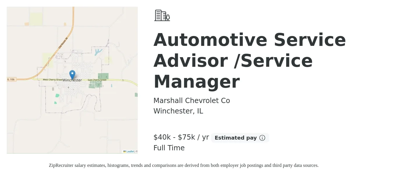 Marshall Chevrolet Co job posting for a Automotive Service Advisor /Service Manager in Winchester, IL with a salary of $40,000 to $75,000 Yearly with a map of Winchester location.