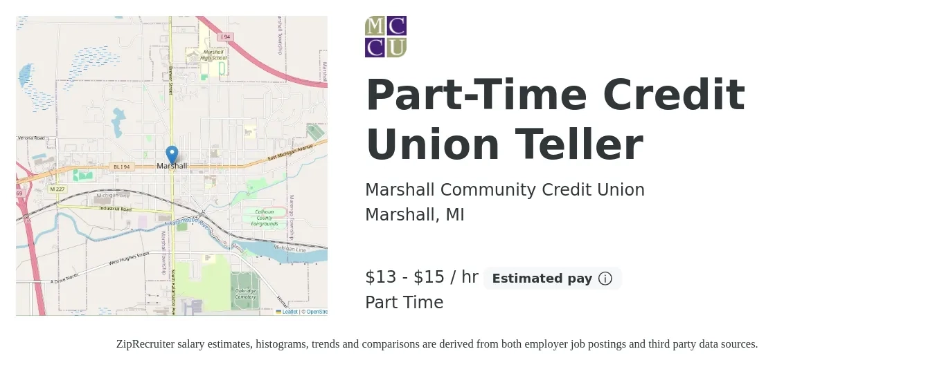 Marshall Community Credit Union job posting for a Part-Time Credit Union Teller in Marshall, MI with a salary of $14 to $16 Hourly with a map of Marshall location.