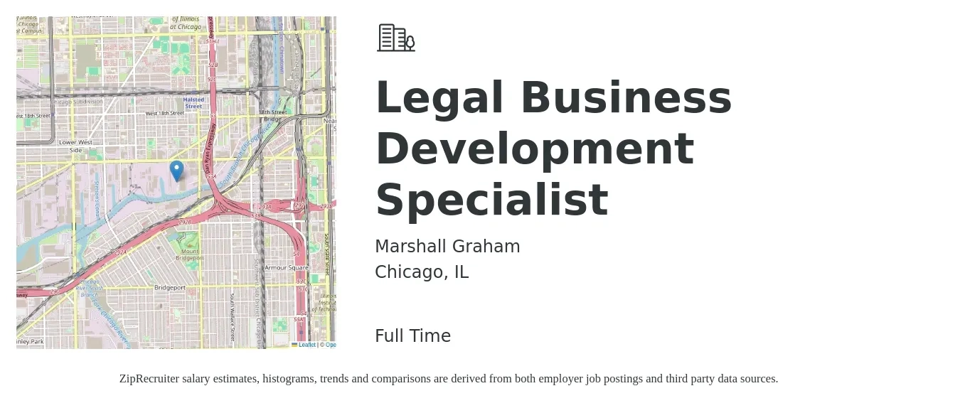 Marshall Graham job posting for a Legal Business Development Specialist in Chicago, IL with a salary of $48,400 to $80,900 Yearly with a map of Chicago location.