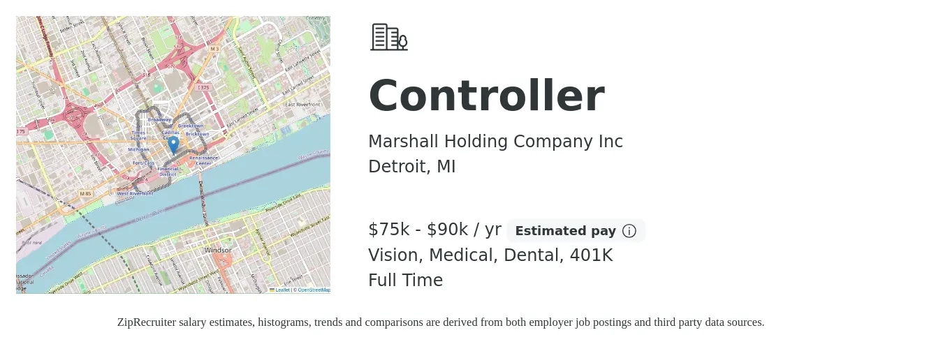 Marshall Holding Company Inc job posting for a Controller in Detroit, MI with a salary of $75,000 to $90,000 Yearly and benefits including dental, life_insurance, medical, vision, and 401k with a map of Detroit location.