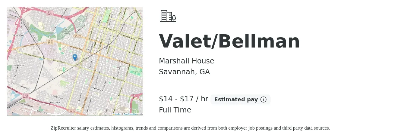 Marshall House job posting for a Valet/Bellman in Savannah, GA with a salary of $15 to $18 Hourly with a map of Savannah location.