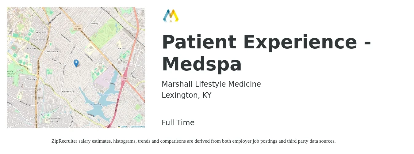 Marshall Lifestyle Medicine job posting for a Patient Experience - Medspa in Lexington, KY with a salary of $13 to $20 Hourly with a map of Lexington location.