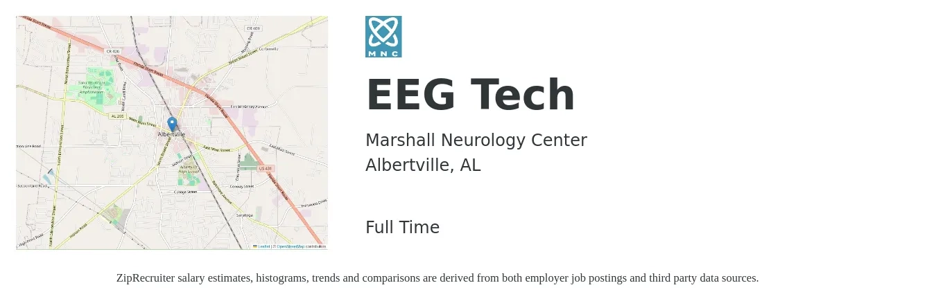 Marshall Neurology Center job posting for a EEG Tech in Albertville, AL with a salary of $26 to $40 Hourly and benefits including pto with a map of Albertville location.