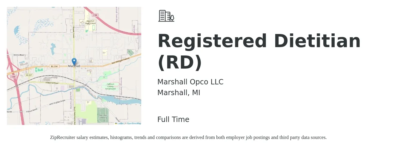 Marshall Opco LLC job posting for a Registered Dietitian (RD) in Marshall, MI with a salary of $30 to $40 Hourly with a map of Marshall location.