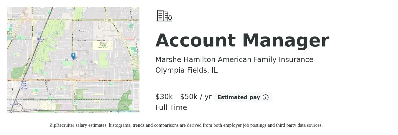 Marshe Hamilton American Family Insurance job posting for a Account Manager in Olympia Fields, IL with a salary of $30,000 to $50,000 Yearly with a map of Olympia Fields location.
