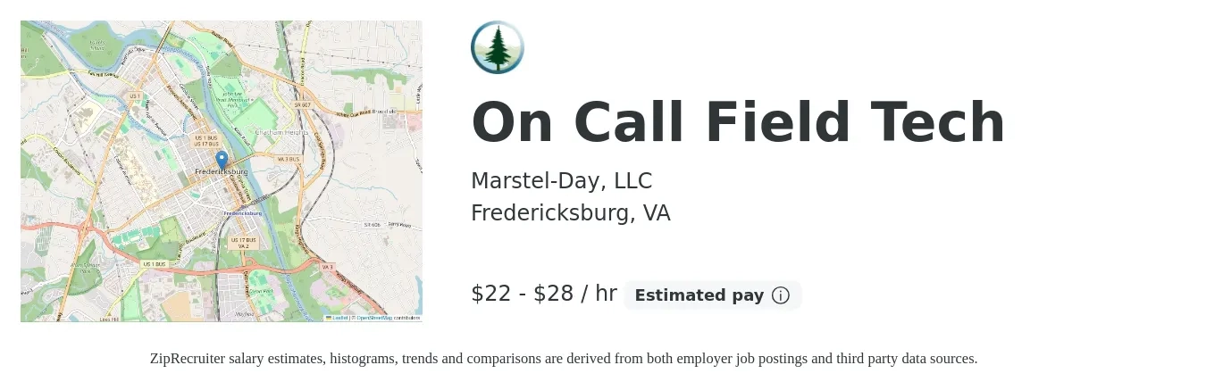 Marstel-Day, LLC job posting for a On Call Field Tech in Fredericksburg, VA with a salary of $23 to $30 Hourly with a map of Fredericksburg location.