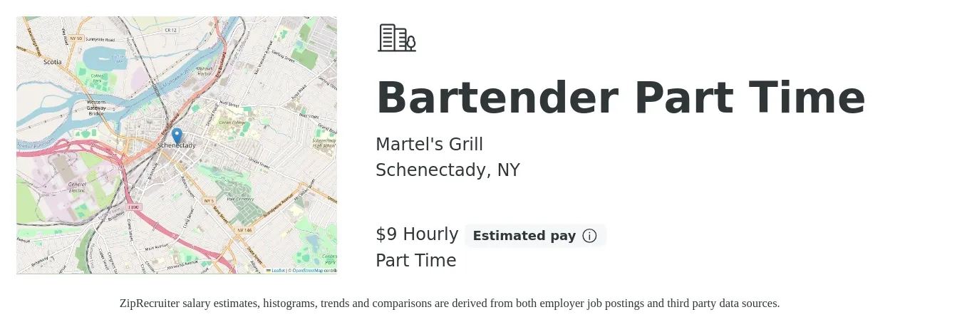 Martel's Grill job posting for a Bartender Part Time in Schenectady, NY with a salary of $10 Hourly with a map of Schenectady location.