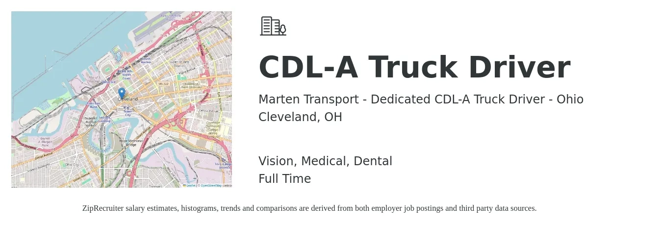 Marten Transport - Dedicated CDL-A Truck Driver - Ohio job posting for a CDL-A Truck Driver in Cleveland, OH with a salary of $1,465 Weekly and benefits including dental, medical, and vision with a map of Cleveland location.
