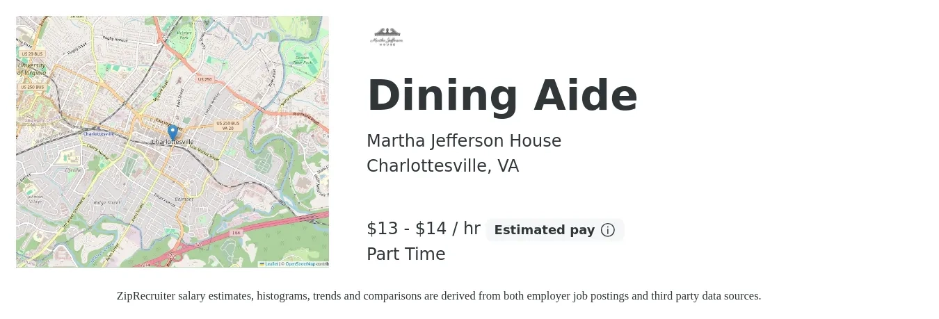 Martha Jefferson House job posting for a Dining Aide in Charlottesville, VA with a salary of $14 to $15 Hourly with a map of Charlottesville location.