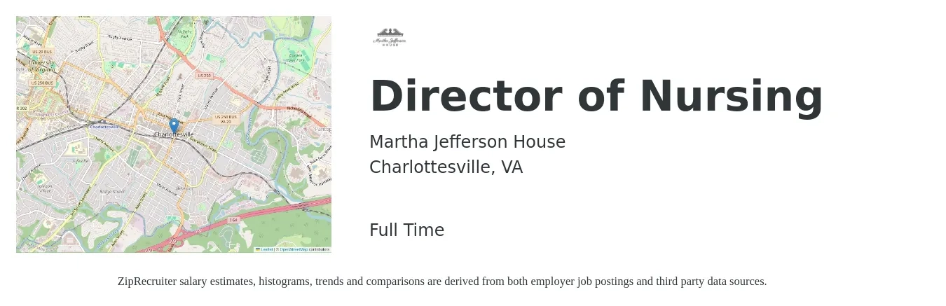 Martha Jefferson House job posting for a Director of Nursing in Charlottesville, VA with a salary of $82,300 to $124,500 Yearly with a map of Charlottesville location.