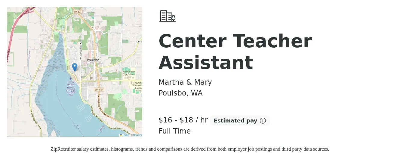 Martha & Mary job posting for a Center Teacher Assistant in Poulsbo, WA with a salary of $17 to $19 Hourly with a map of Poulsbo location.