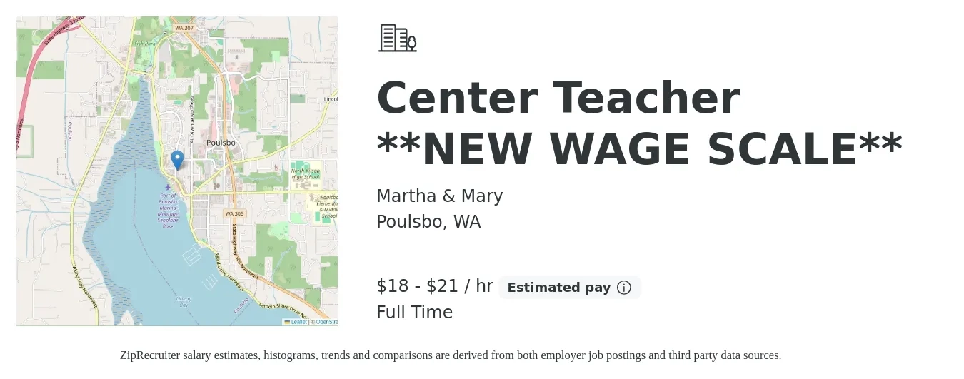 Martha & Mary job posting for a Center Teacher **NEW WAGE SCALE** in Poulsbo, WA with a salary of $19 to $22 Hourly with a map of Poulsbo location.