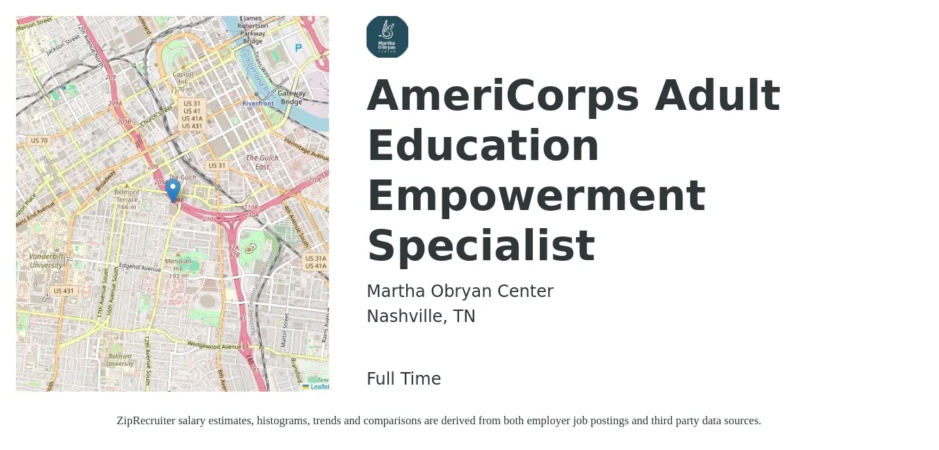 Martha Obryan Center job posting for a AmeriCorps Adult Education Empowerment Specialist in Nashville, TN with a salary of $63,000 to $113,000 Yearly with a map of Nashville location.