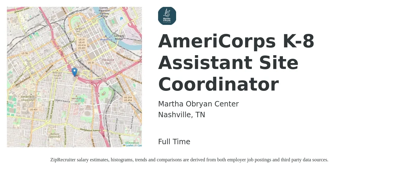 Martha Obryan Center job posting for a AmeriCorps K-8 Assistant Site Coordinator in Nashville, TN with a salary of $18 to $27 Hourly with a map of Nashville location.