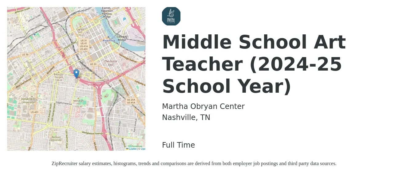 Martha Obryan Center job posting for a Middle School Art Teacher (2024-25 School Year) in Nashville, TN with a salary of $47,800 to $66,200 Yearly with a map of Nashville location.